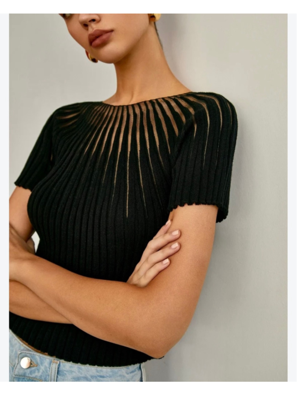 Commense Rib Knit Short Sleeve Medium Sheer Detail Minimalist Dark Romantic